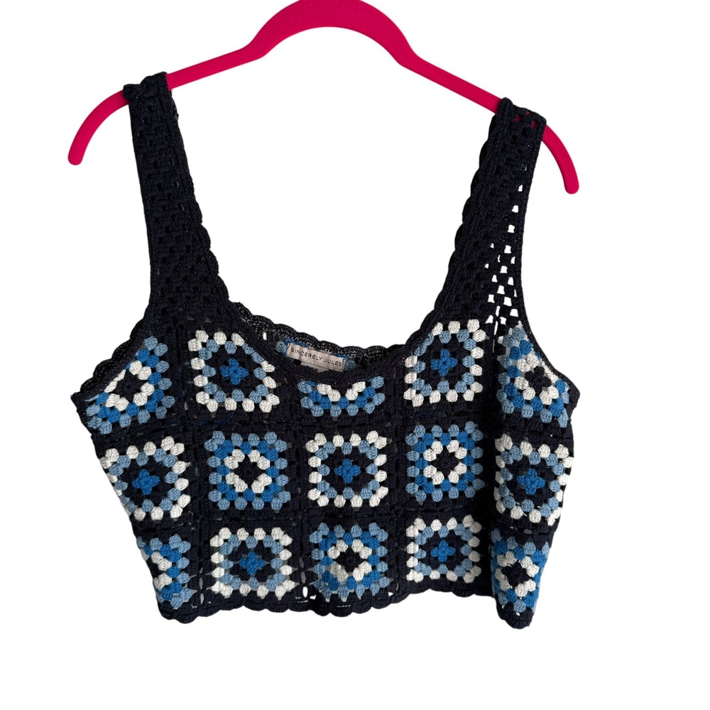 SINCERELY JULES Blue Granny Squareβ Crochet Boho Festival Ladies Cropped Tank, M